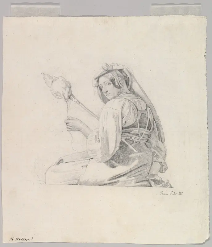 A Seated Woman in Roman Dress, Spinning Wall Art by Theodor Leopold Weller - High-Resolution Digital Print