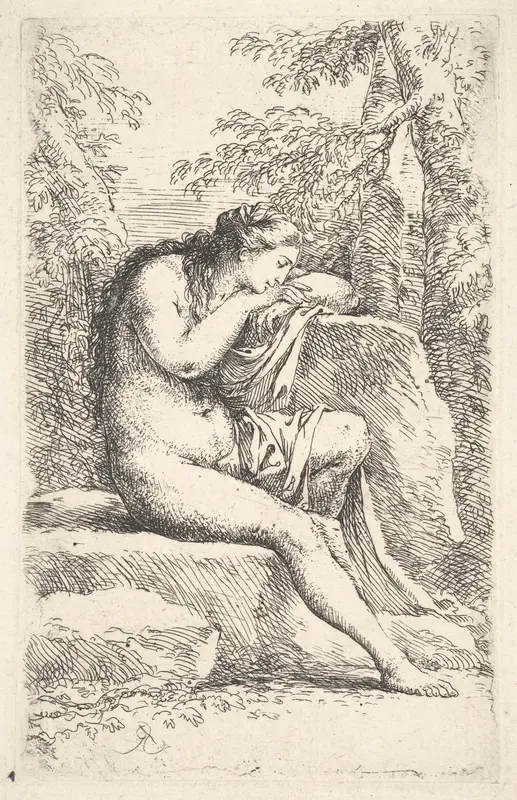 A semi-nude woman seated, resting her head on a rock, from "Figurine" Wall Art by Salvator Rosa - High-Resolution Digital Print