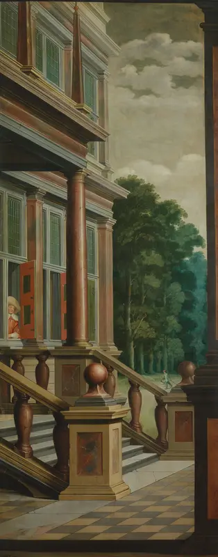 A Seven-Part Decorative Sequence: An Outdoor Stairway Wall Art by Dirck van Delen - High-Resolution Digital Print