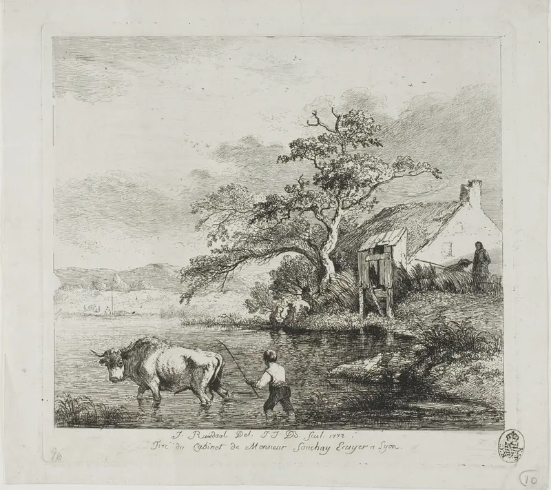 A Shepherd and Bull Crossing a River Wall Art by Jean Jacques de Boissieu - High-Resolution Digital Print