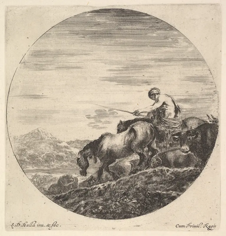 A shepherd at right, facing left, driving a group of animals downhill, from "Six Animal Subjects" (Six Sujets d'Animaux) Wall Art by Stefano della Bella - High-Resolution Digital Print
