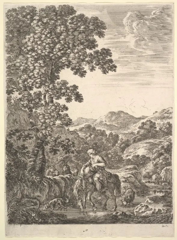 A shepherd on horseback in the middle of a stream, dogs, goats and cows follow, a large tree to left and mountains to right in the background, from "Four large landscapes" (Quatre grands paysages en hauteur) Wall Art by Stefano della Bella - High-Resolution Digital Print