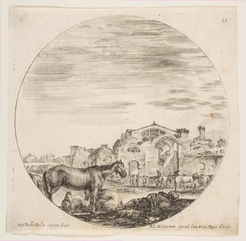 A shepherd sleeping on the ground at right, three horses at left, other horses and various figures to right, the Baths of Diocletian in the background, plate 12 from "Roman landscapes and ruins" (Paysages et ruines de Rome) Wall Art by Stefano della Bella - High-Resolution Digital Print