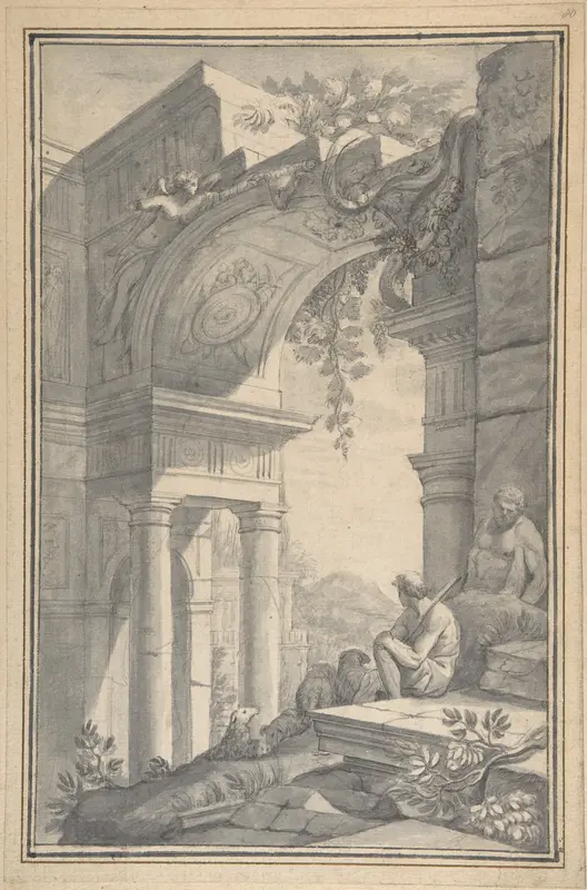 A Shepherd under a Ruined Arch with the Farnese Hercules Wall Art by Johannes Antiquus - High-Resolution Digital Print