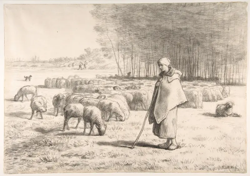 A Shepherdess with Her Flock Wall Art by Jean-François Millet - High-Resolution Digital Print