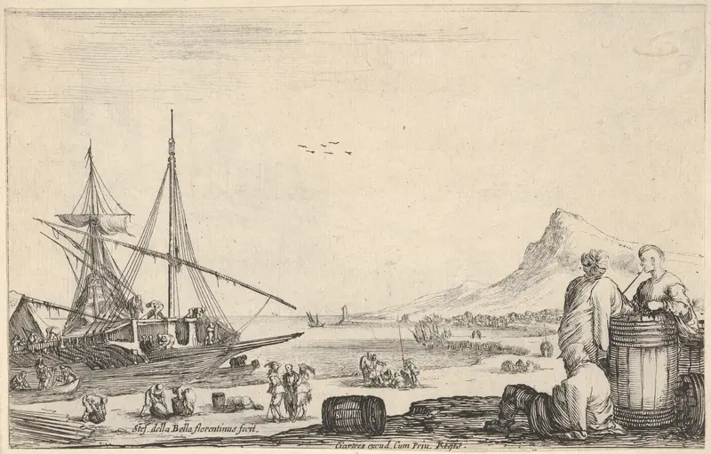 A ship disembarking to left, two galley slaves stand and one sits next to a barrel to right, various other figures on the shore, a mountain to right in the background, from "Varie Figure" Wall Art by Stefano della Bella - High-Resolution Digital Print