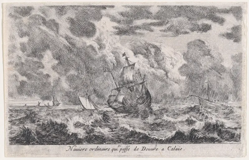 A ship travelling between Dover and Calais, from "Views of seaports" (Vues de ports de mar) Wall Art by Stefano della Bella - High-Resolution Digital Print