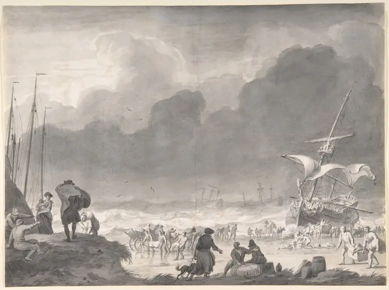 A Ship Wrecked on a Shore on a Stormy Night, with Survivors Salvaging Their Goods Wall Art by Ludolf Backhuysen - High-Resolution Digital Print