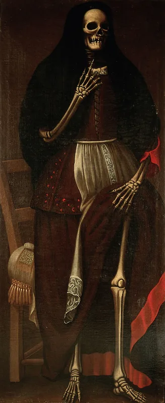 A skeleton as a woman wearing a brown and red dress and a black headdress Wall Art by Anonymous - High-Resolution Digital Print
