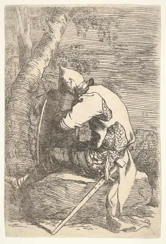 A sleeping warrior seated on a rock and leaning on his shield, from "Figurine" Wall Art by Salvator Rosa - High-Resolution Digital Print