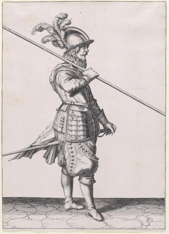 A soldier carrying his pike at the slope, from the Lansquenets series, plate 11, in "Waffenhandlung von den Rören Musquetten undt Spiessen / Wapenhandelinghe van Roers Musquetten ende Spiessen" (The Exercise of Arms) Wall Art by Jacques de Gheyn II - High-Resolution Digital Print