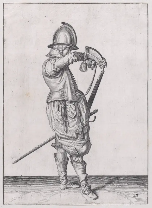 A soldier charging his caliver which is held stock down, from the Marksmen series, plate 23, in "Waffenhandlung von den Rören Musquetten undt Spiessen / Wapenhandelinghe van Roers Musquetten ende Spiessen" (The Exercise of Arms) Wall Art by Jacques de Gheyn II - High-Resolution Digital Print