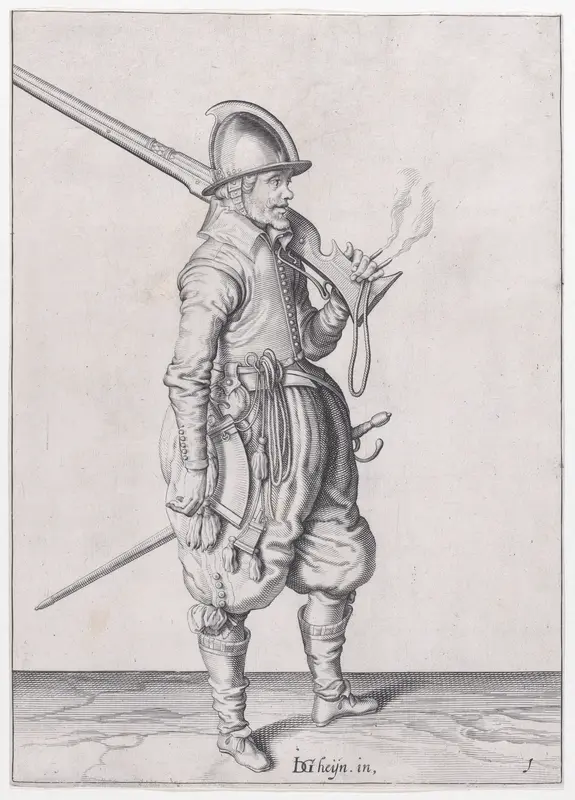 A soldier holding his caliver, from the Marksmen series, plate 1, in "Waffenhandlung von den Rören Musquetten undt Spiessen / Wapenhandelinghe van Roers Musquetten Ende Spiessen" (The Exercise of Arms) Wall Art by Jacques de Gheyn II - High-Resolution Digital Print