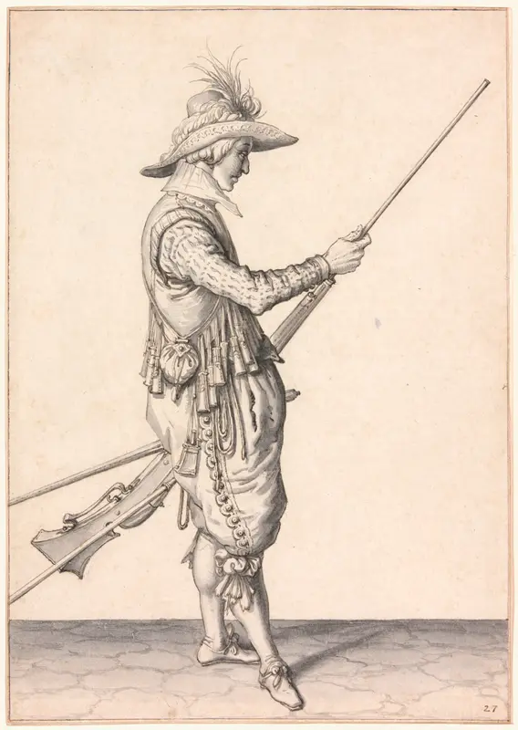 A Soldier Loading a Musket, "Ramme in Your Pouder" Wall Art by Jacob de Gheyn, II - High-Resolution Digital Print