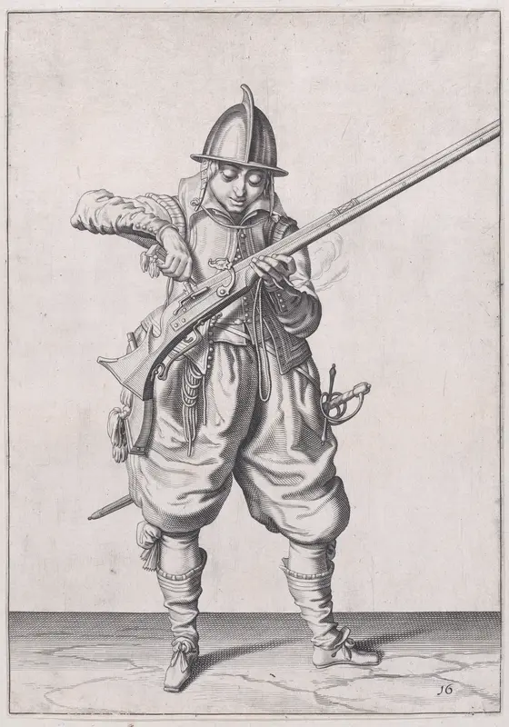 A soldier pouring powder into the pan, from the Marksmen series, plate 16, in "Waffenhandlung von den Rören Musquetten undt Spiessen / Wapenhandelinghe van Roers Musquetten ende Spiessen" (The Exercise of Arms) Wall Art by Jacques de Gheyn II - High-Resolution Digital Print
