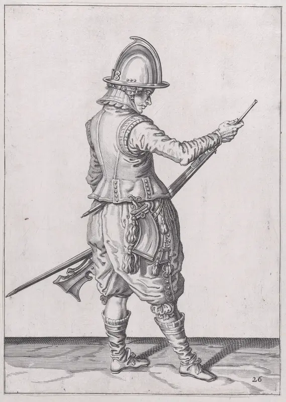 A soldier ramming home powder and bullet with the ramrod, from the Marksmen series, plate 26, in "Waffenhandlung von den Rören Musquetten undt Spiessen / Wapenhandelinghe van Roers Musquetten ende Spiessen" (The Exercise of Arms) Wall Art by Jacques de Gheyn II - High-Resolution Digital Print