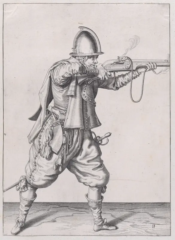 A soldier taking aim, from the Marksmen series, plate 11, in "Waffenhandlung von den Rören Musquetten undt Spiessen / Wapenhandelinghe van Roers Musquetten ende Spiessen" (The Exercise of Arms) Wall Art by Jacques de Gheyn II - High-Resolution Digital Print