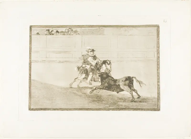 A Spanish mounted knight in the ring breaking short spears without the help of assistants, plate 13 from The Art of Bullfighting