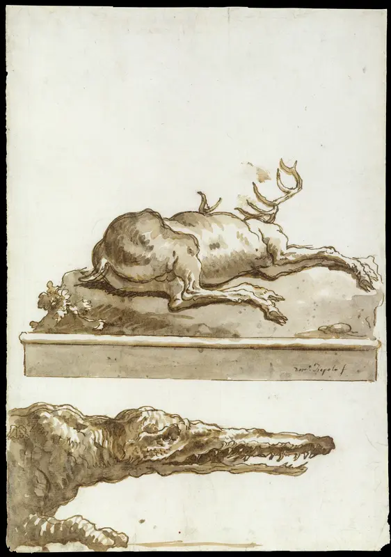 A Stag Lying Down (on a base): The Head of a Crocodile Wall Art by Giovanni Domenico Tiepolo - High-Resolution Digital Print