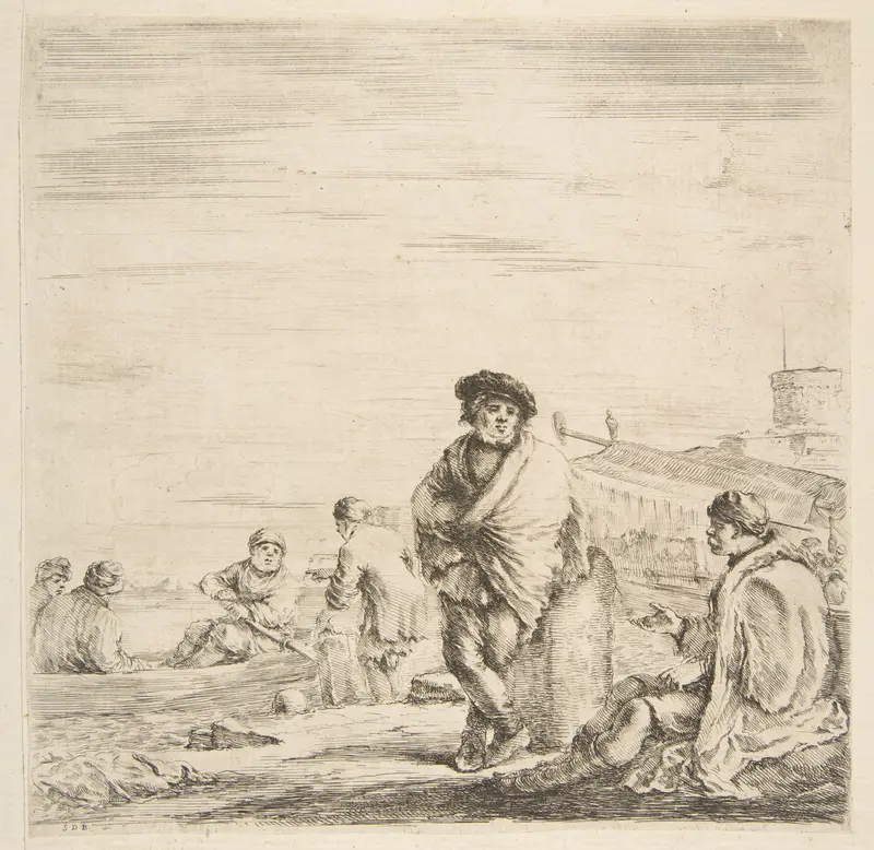 A standing sailor talking to a seated Levantine Wall Art by Stefano della Bella - High-Resolution Digital Print