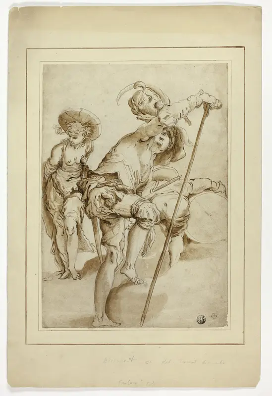 A standing soldier, a standing woman, and a stooping drummer Wall Art by Abraham Bloemaert - High-Resolution Digital Print