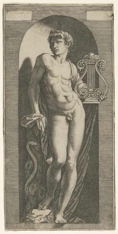 A statue of Apollo, naked standing in a niche, holding a lyre in his left hand and leaning on a tree trunk
