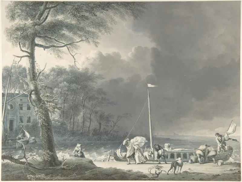 A Stormy Scene with Figures Unloading Boats Near a House on the Water's Edge Wall Art by Jacob Cats - High-Resolution Digital Print