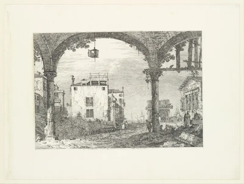 A three-arched portico with an open lantern hanging at center, a triumphal arch and ruins of a classical temple in the background, from "Views" (Vedute altre prese da i luoghi altre ideate da Antonio Canal)