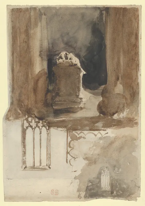 A Tomb and Studies of Windows in the Church of Valmont Abbey (recto); Four Studies of Horses (verso) Wall Art by Eugène Delacroix - High-Resolution Digital Print