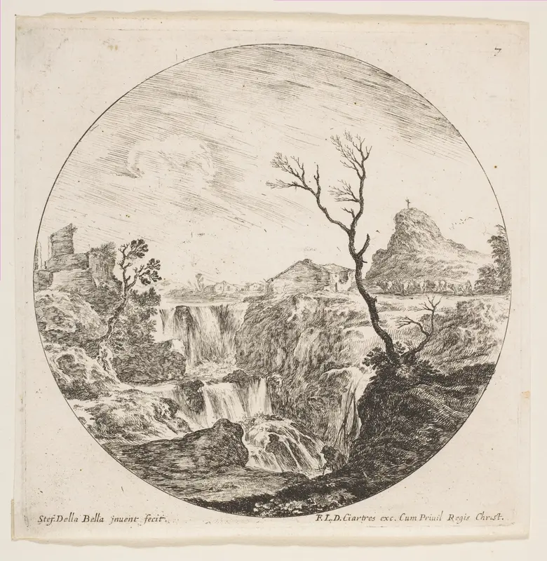 A triple waterfall, a dead tree at right, a mountain and a herd of cows in the background at right, plate 7 from "Roman landscapes and ruins" (Paysages et ruines de Rome) Wall Art by Stefano della Bella - High-Resolution Digital Print
