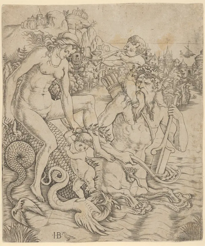 A triton family in the sea, with a mother and child seated on the back of a half-man, half-sea monster with a child blowing on a conch shell on his shoulders Wall Art by Giovanni Battista Palumba - High-Resolution Digital Print