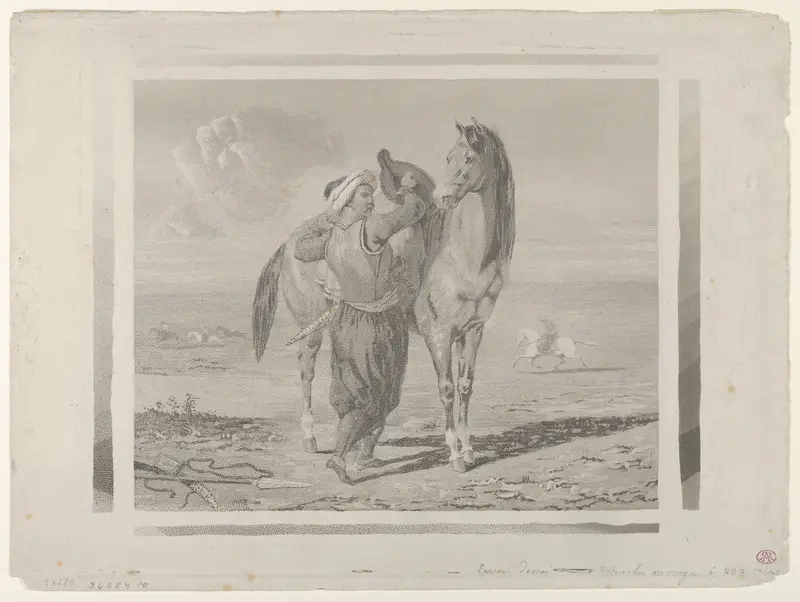 A Turk Saddling His Horse Wall Art by Eugène Delacroix - High-Resolution Digital Print