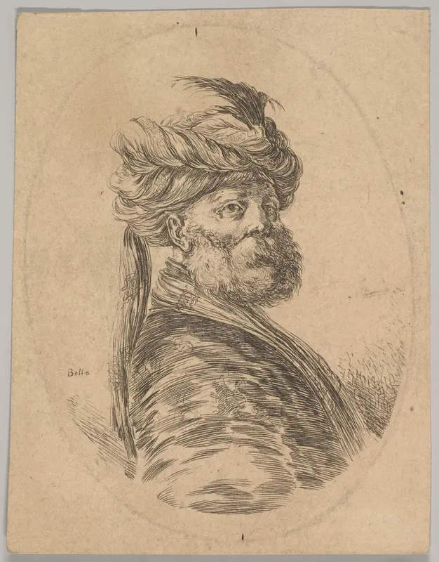 A Turkish man with a beard and turban with one long feather in front, turned three-quarters to the right, from "Several heads in the Persian style" (Plusieurs têtes coiffées à la persienne) Wall Art by Stefano della Bella - High-Resolution Digital Print