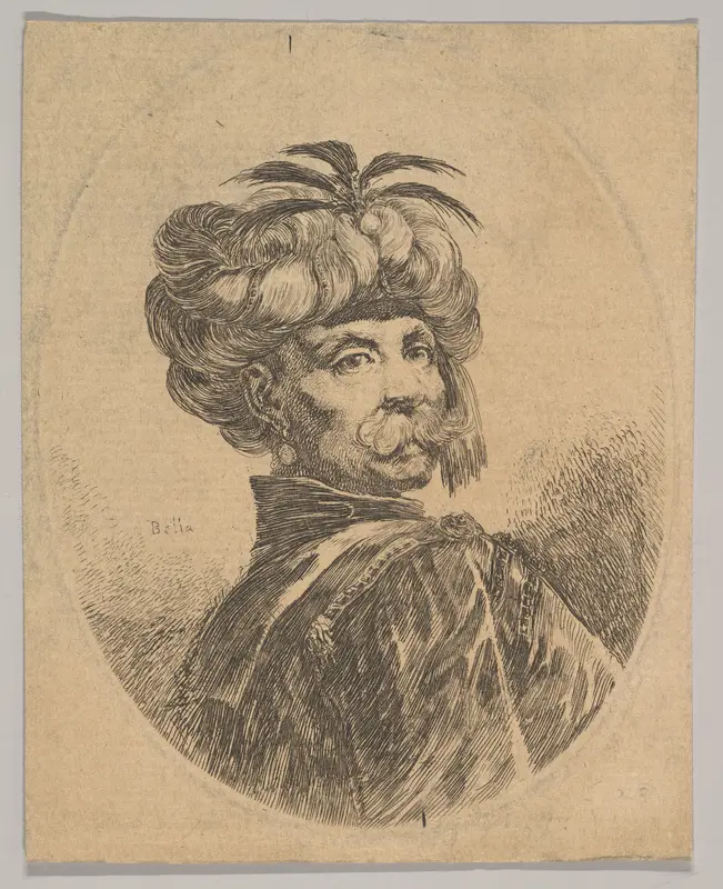 A Turkish man with a moustache, wearing a turban decorated with five egret feathers, turned three-quarters to the right, from "Several heads in the Persian style" (Plusieurs têtes coiffées à la persienne) Wall Art by Stefano della Bella - High-Resolution Digital Print