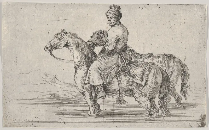 A valet taking two horses to bathe, sitting atop one horse in a river, the other beside him to right Wall Art by Stefano della Bella - High-Resolution Digital Print