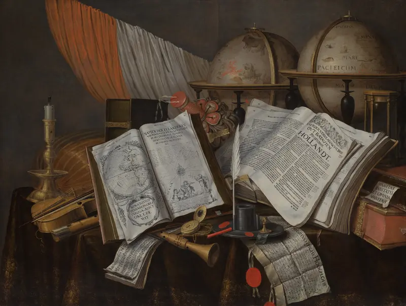 A Vanitas Still Life with a Flag, Candlestick, Musical Instruments, Books, Writing Paraphernalia, Globes, and Hourglass