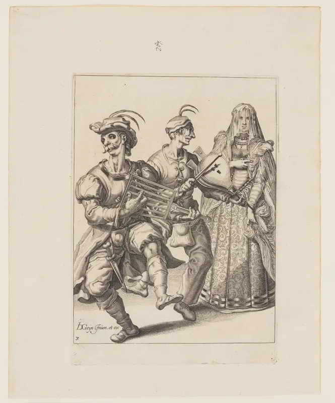 A Veiled Woman with Two Musicians Playing a Gridiron and a Bellows, from The Masquerades Wall Art by Jacob de Gheyn, II - High-Resolution Digital Print