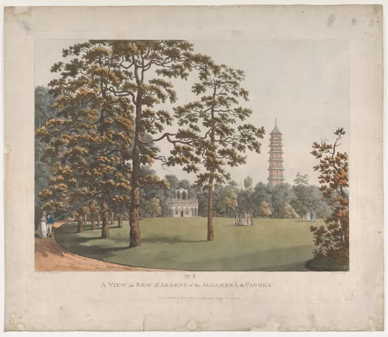 A View in Kew Gardens of the Alhambra and the Pagoda Wall Art by Heinrich Joseph Schütz - High-Resolution Digital Print