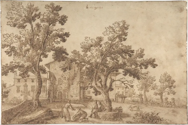 A View of a Village with Figures Wall Art by Remigio Cantagallina - High-Resolution Digital Print