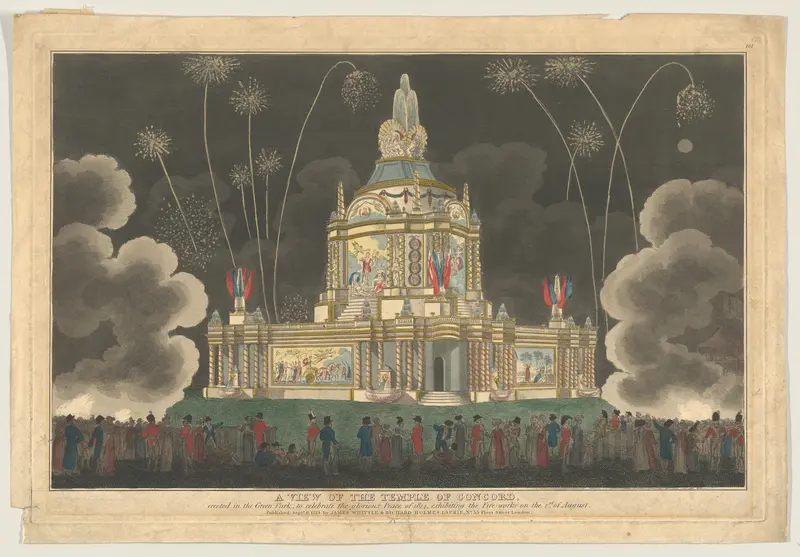 A View of the Temple of Concord Erected in the Green Park, to Celebrate the Glorious Peace of 1814, Exhibiting the Fireworks on the 1st of August Wall Art by Robert Laurie - High-Resolution Digital Print