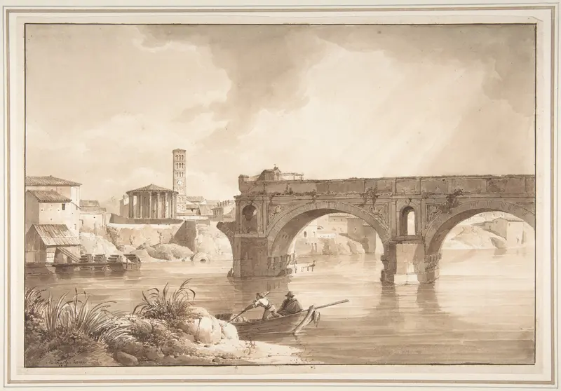 A View of the Tiber from the North Bank, with the Temple of Vesta, the Campanile of S. Maria in Cosmedin and the Ponte Rotto Wall Art by Achille-Etna Michallon - High-Resolution Digital Print