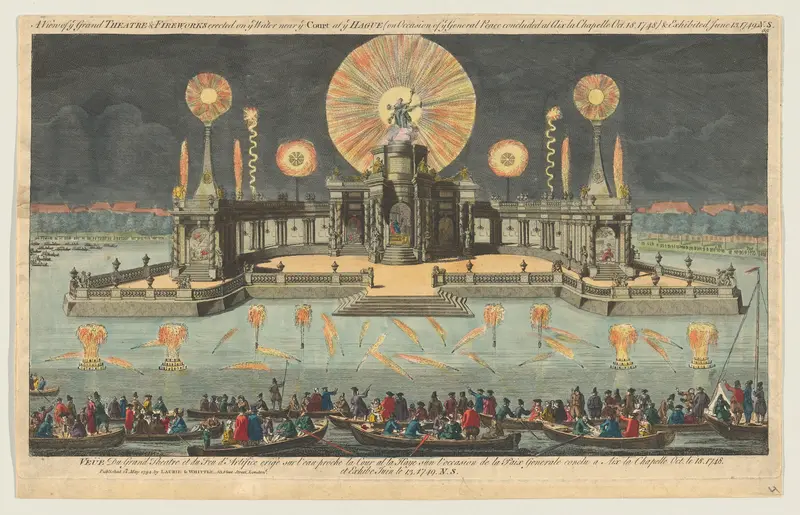 A View of ye Grand Theatre & Fireworks erected on ye Water near ye Court at ye Hague (on Occasion of ye General Peace concluded at Aix la Chapelle. Oct. 18. 1748) & Exhibited June 13, 1749 Wall Art by Robert Laurie - High-Resolution Digital Print