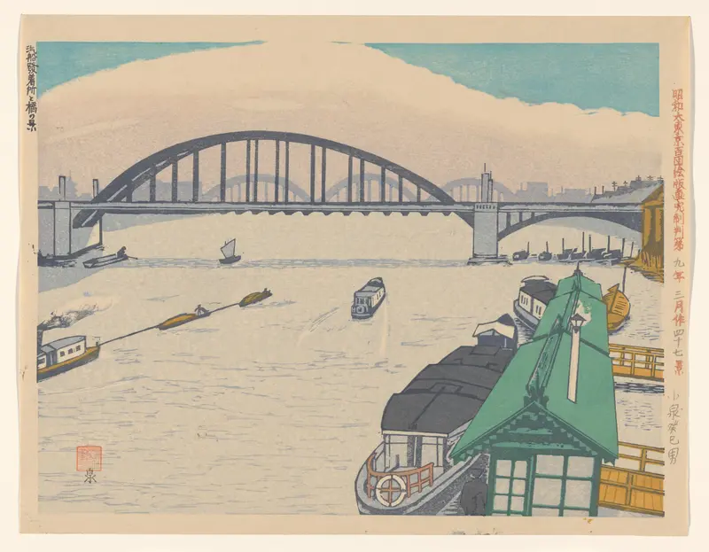 A view on the steamship pier and bridges, no. 47 Wall Art by Koizumi Kishio - High-Resolution Digital Print