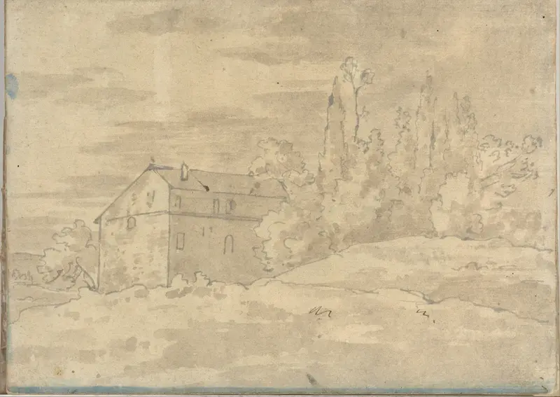 A villa surrounded by trees, at Rome (Smaller Italian sketchbook, leaf 22 recto) Wall Art by Joseph Wright (Wright of Derby) - High-Resolution Digital Print