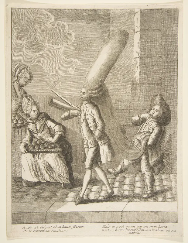 A voir cet élégant et sa haute frisure, On le croiroit un Senateur, Mais ce n'est qu'un garcon marchand, Dont sa bonne mesure sera son bonheru ou son malheur Wall Art by Anonymous, French, 18th century - High-Resolution Digital Print