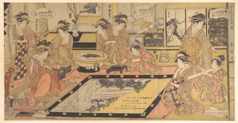 A Votive Picture to Be Donated to the Kannon of Asakusa (Asakusa Kannon hō kakegaku no zu), by Takigawa of the Ōgiya, Kamuro Menami and Onami, with Tomikawa, Kumegawa, Tamagawa, Tsugawa, Utagawa, and Kiyokawa