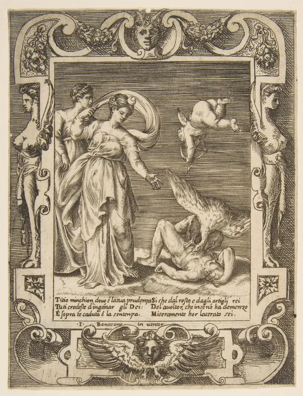 A vulture eating the innards of Titius, Cupid above two women to the left, set within and elaborate frame, from "Loves, Rages and Jealousies of Juno" Wall Art by Giulio Bonasone - High-Resolution Digital Print