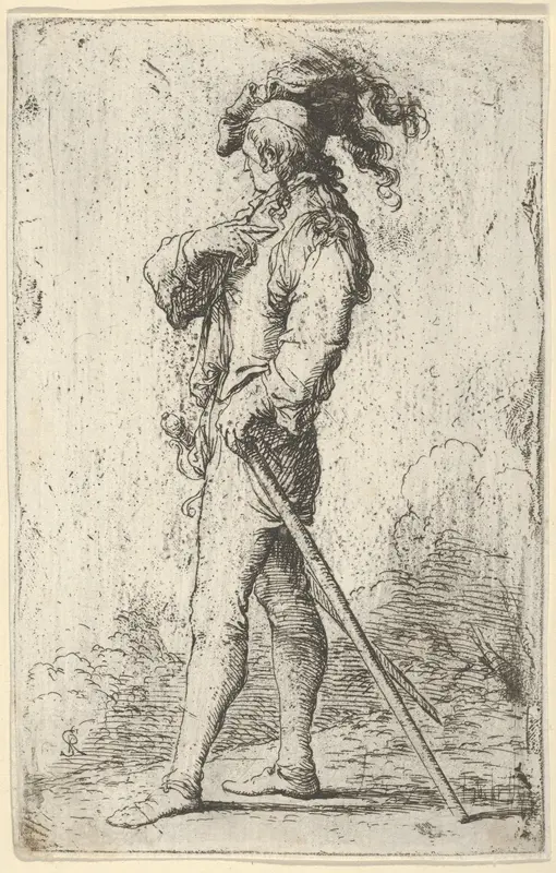A warrior facing left wearing a plumed hat and holding a cane, from "Figurine" Wall Art by Salvator Rosa - High-Resolution Digital Print