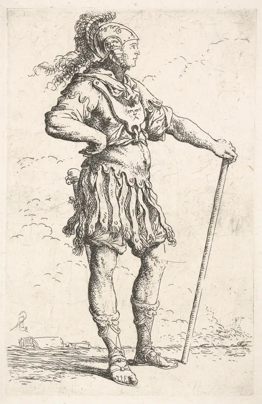 A warrior facing right wearing a plumed helmet and holding a staff, from "Figurine" Wall Art by Salvator Rosa - High-Resolution Digital Print