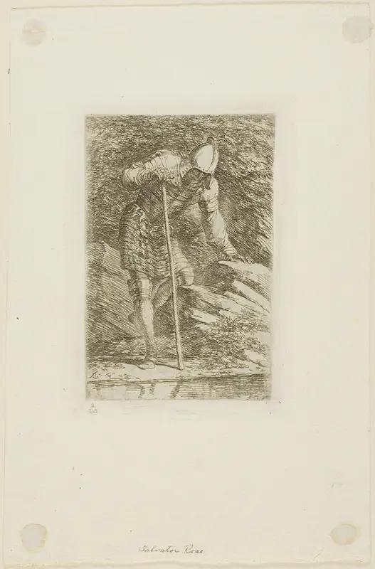 A Warrior in Full Armor in a Grotto Wall Art by Salvator Rosa - High-Resolution Digital Print